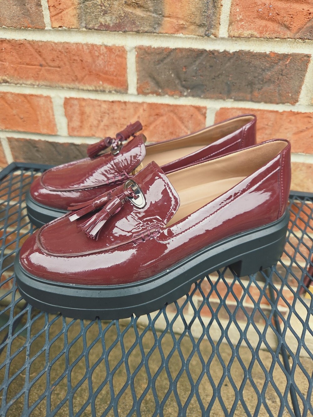 Naturalizer Nieves Patent Burgundy Tassel Chunky Platform Loafers Womens 7.5 M